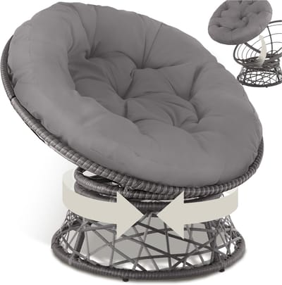tectake® Papasan Stoel - Gezellige Draaistoel met Ronde Kussens - Comfortabele Wicker Stoel - Draaibare Loungestoel - Ronde Relax Rotan Rieten Stoel voor Woonkamer, Leeshoek, Lounge - grijs