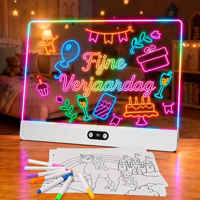 Aogled LED Tekenbord Kinderen – Neon Lichtbord 35x26 cm – 8 Kleuren & 3 Lichtstanden – Oplaadbaar via USB-C – Inclusief Markers, Sjablonen & Standaard – Creatief Cadeau vanaf 6 Jaar – Wit