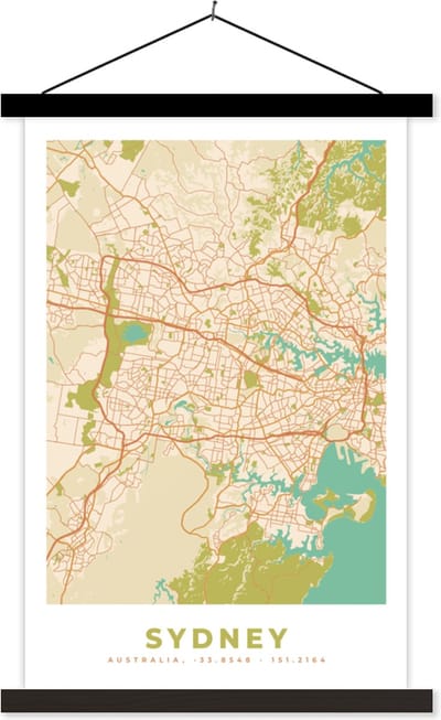 Posterhanger incl. Poster 40x60 cm - Schoolplaat - Sydney - Kaart - Vintage - Plattegrond - Stadskaart - Textielposter - Zwarte latten - Stadskaart