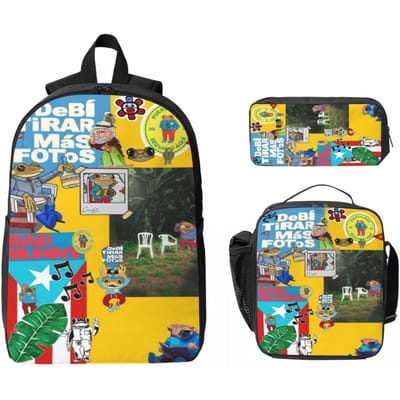 3 Pièces Débi Tirar Mas Fotos DTMF Bads Bunnys Tournée Musicale Sacs d'école Ensemble pour Enfants Boîtes à Crayons Ensemble de Sacs à Dos avec Boîte à Lunch