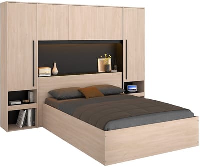 Vente-unique Bed met opbergruimte hout zwart, natuurlijk licht 140 x 190 cm