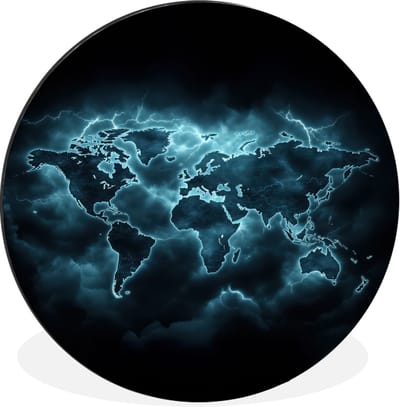 WallCircle - Wandcirkel - Muurcirkel - Wereldkaart - Bliksem - Blauw - Aluminium - Dibond - 30x30 cm - Binnen en Buiten