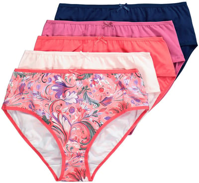 Ulla Popken - Dames - Midi-slips set van 5 bloemen / effen - Middenblauw - Maat 50+