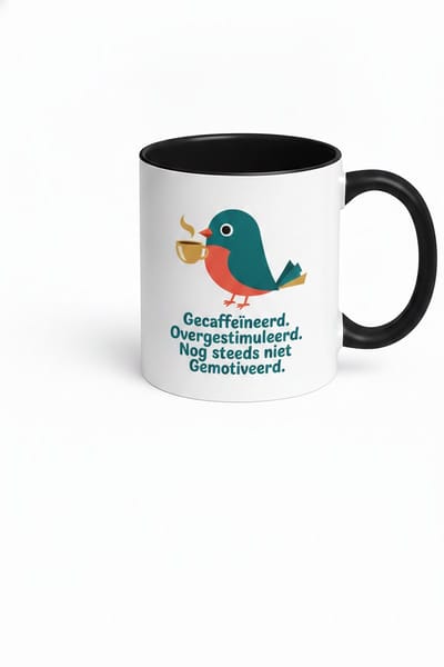 Grappige Koffiemok met Tekst 'Gecaffeïneerd, Overgestimuleerd, Nog Steeds Niet Gemotiveerd' – Rond Vogeltje met Koffie – Cadeau Collega – Wit met Zwart – Keramiek 330 ml