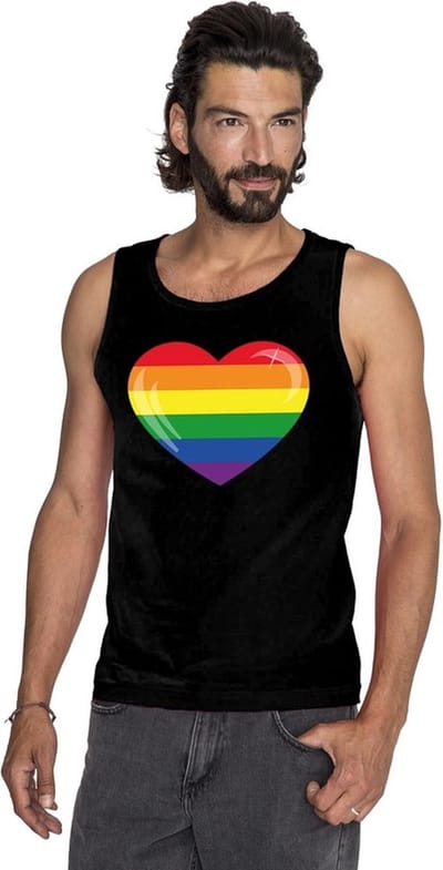 Gay pride singlet shirt/ tanktop met Regenboog vlag in hart zwart heren S