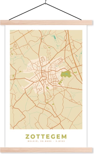 Posterhanger incl. Poster 40x60 cm - Schoolplaat - Kaart - Retro - Plattegrond - Stadskaart - Zottegem - Textielposter - Blanke latten - Stadskaart