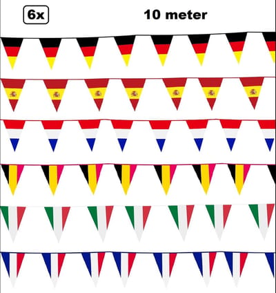 6x Vlaggenlijn landen set assortie 10 meter - WK Sport Duitsland Spanje Holland Belgie Italie Frankrijk WK 2026