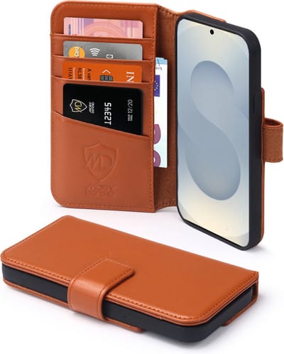 MobyDefend Hoesje - Geschikt voor Samsung Galaxy S25 - Luxe Leren Wallet Bookcase - Bruin