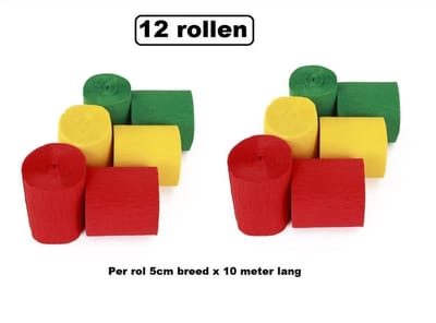 12x Crepe rollen rood/geel/groen 10 meter brandveilig - Carnaval optocht evenement festival party versiering