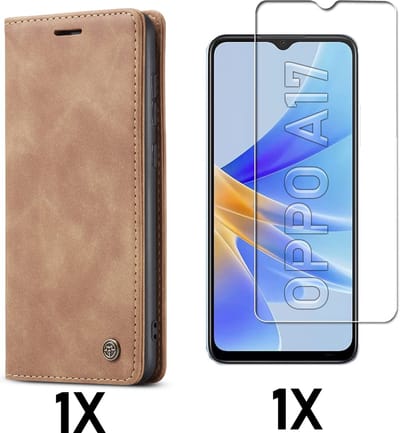 Casemania Hoesje Geschikt voor Oppo A17 Sienna Brown & Glazen Screenprotector - Portemonnee Book Case