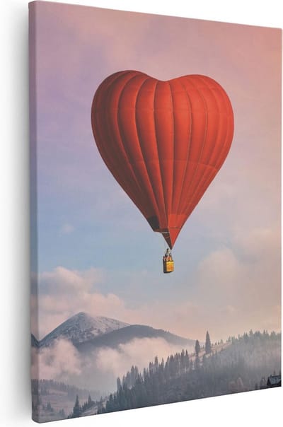 Artaza Canvas Schilderij Hart Luchtballon - 40x50 cm - Wanddecoratie Zonsondergang - Muurdecoratie Bergen - Schilderijen Op Canvas