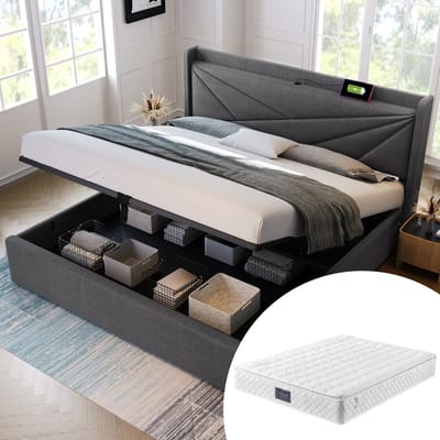 OKWISH Tweepersoonsbedden 160x200 cm - Bed Met Lade En Lattenbodem - Gestoffeerd Katoenen Bed - Grijs