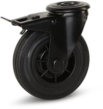 Zwart rubber zwenkwiel geremd met centraal gat - 125mm - 90kg