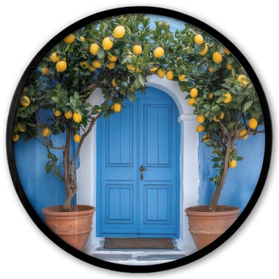 Poster in lijst Rond - Fotolijst 40x40 cm - Posters - Citroenbomen - Geel - Deur - Potten - Ronde posterlijst zwart - Decoratie - Wanddecoratie woonkamer - Muurdecoratie slaapkamer