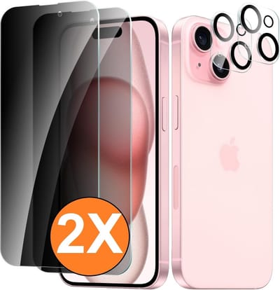 Privacy screenprotector Geschikt voor iPhone 15 Plus screenprotector Privacy Met iPhone 15 Plus camera lens - Complete bescherming voor iPhone 15 Plus scherm en camera in één set - 2X