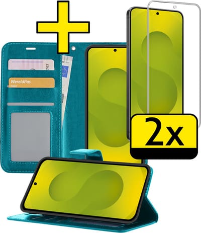Hoesje - Met Screenprotector - Geschikt voor Samsung Galaxy S25 FE - Luxe Pasjeshouder - Bookcase Portemonee - Flip Case - Kunstleer Book Case - Flipcase - Book Cover - Walletcase - Portemonneehoes - Telefoonhoesjes - Turquoise