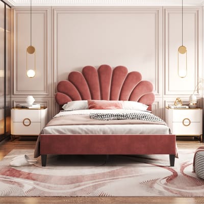 Gestoffeerd Bed 140x200 - Met Bloemvormig Hoofdbord En Lattenbodem - Fluweel - Bohnenrood