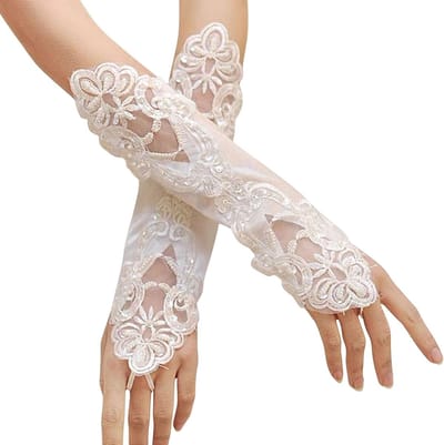 Dailygoods - CHENGZI Bruiloft satijnen paar kant geborduurde vingerloze handschoenen, Wit, Eén maat