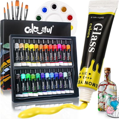 24x12ml Sneldrogende Glasverf Set – Met 6 Penselen & 1 Palet – Waterdichte Transparante Verf voor Glas, Porselein & Keramiek Creatief Schilderen voor Hobby & DIY