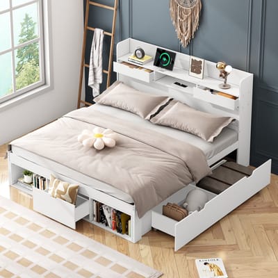 Doppelbed 140*200 cm met USB-poort, lades en opbergkast – kinderbed/jugendbed – multifunctioneel bed met veel opbergruimte – zonder matras – wit