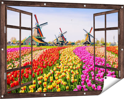 Gards Tuinposter Doorkijk Kleurrijke Tulpen Bloemenveld - Windmolen - 120x80 cm - Tuindoek - Tuindecoratie - Wanddecoratie buiten - Tuinschilderij