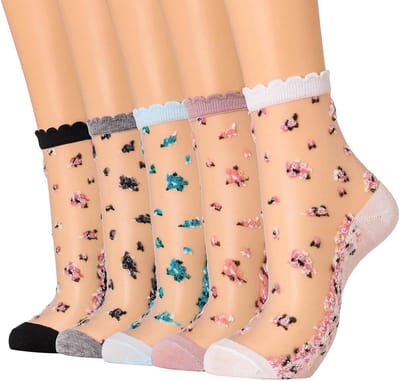 5 Stuks - Dames Transparante Bloemensokken - Roze Kant En Fijn Mesh Nylon - Dunne Zomer Jacquard Kristal Glaszijde Sokken - Elastisch Eén Maat 35-40 - Modieuze Sokken Voor Dames En Meisjes Dagelijks Gebruik En Feesten | Cyslmuk®