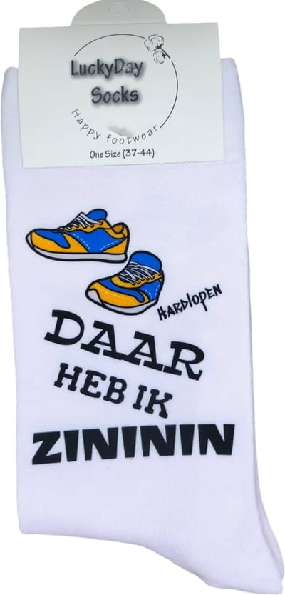 Zininin - Hardlopen - Rennen - Sporten - Verjaardags cadeau -Valentijns cadeau - Kado - Witte sokken met tekst - Grappige sokken - leuke dames en heren sokken - moederdag - vaderdag - Sokken waar je vrolijk van wordt - Maat 37-44