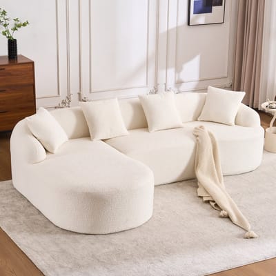 Gebogen modulaire bank L-vorm met chaise longue links - Off-Wit Chenille stof - 2-zits bank met chaise longue, modulair en vacuümverpakt - Geen montage, direct klaar voor gebruik, losse modules - Geschikt voor woonkamer, appartement en kantoor