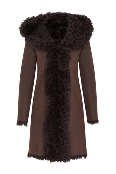 Dames bruine Toscaanse trenchcoat met capuchon van echt schapenleer - Verona