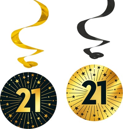 4x Swirls 21 jaar zwart / goud - Golden Celebrations - Verjaardag Feestje Hangdecoratie Versiering Feestdecoratie Decoratie