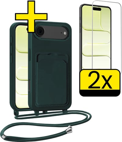 Hoesje Geschikt voor iPhone Air Telefoonhoesje Met Koord Case Pashouder Met 2x Screenprotector Siliconen - Hoes Geschikt voor iPhone Air Hoesje Met Kaarthouder - Donkergroen