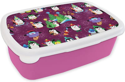 Broodtrommel Roze - Lunchbox - Brooddoos - Pinguïn - Kerstmis - Vuurwerk - Winter - Design - 18x12x6 cm - Kinderen - Meisje
