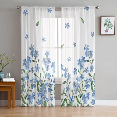 Blauwe Bloemen Witte Tule Transparante Gordijnen voor Woonkamer Decoratie Gordijn voor de Kamer Slaapkamer Keuken Voile Organza Gordijnen 135W x 213H(cm)