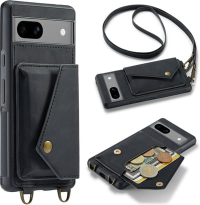 Casemania Hoesje Geschikt voor Google Pixel 8 - Charcoal Gray - Luxe Backcover met Koord en Magnetische Sluiting - Portemonnee Wallet Case met Pasjeshouder en Opbergvak - Lanyard Telefoonhoes - Cord Case