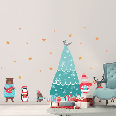 Vrolijke dieren kerststickers - Zelfklevende kerststickers - Feestelijke decoraties - 90x60cm