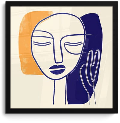 Poster in lijst - Fotolijst 40x40 cm - Posters - Minimalistisch - Gezicht - Hand - Oranje - Blauw - Posterlijst zwart - Decoratie - Wanddecoratie woonkamer - Muurdecoratie slaapkamer