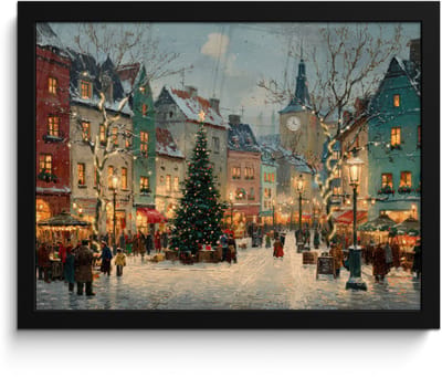 Poster in lijst - Fotolijst 40x30 cm - Posters - Kerstsfeer - Stadsplein - Kleurrijk - Posterlijst zwart - Decoratie - Wanddecoratie woonkamer - Muurdecoratie slaapkamer - Kerstversiering - Kerstdecoratie voor binnen - Kerstmis