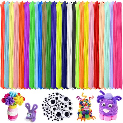 300 stuks pijpenragers, kleurrijk, 25 kleuren, pijpenrassers om te knutselen, 30 cm chenilledraad, 6 mm pijpdraad met 100 wiebelogen, zelfklevend