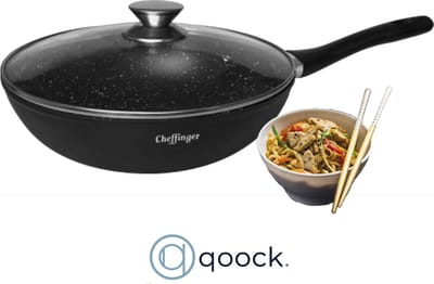 CF Cooking© | Design Wok | Inclusief glazen deksel | Marmeren Coating | 28cm | Inductie | Alle warmtebronnen