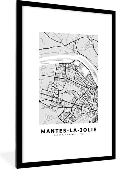 Fotolijst incl. Poster - Mantes-la-Jolie – Plattegrond – Frankrijk – Kaart – Stadskaart - 80x120 cm - Posterlijst