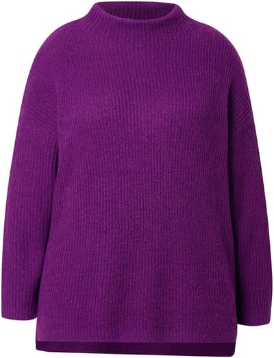Ulla Popken - Dames - Coltrui geribbeld breisel oversized lange mouwen - Braambes - Maat 46+