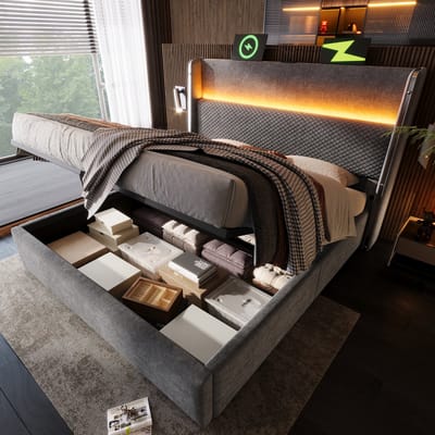 VVBV Opbergbed Tweepersoonsbed 160x200 cm - LED-Verlichting, USB-C Laadstation, Lades, Remote - Linnen Grijs Zonder Matras
