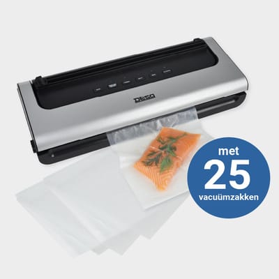 DESQ® 7910 Automatische Vacumeermachine – Vacuüm Sealer – Inclusief 25 Vacuümzakken – 5 Programma's – Pulse Functie – Krachtige 0,6 Bar Vacuümdruk – Rolsnijder – Uitneembaar Vochtopvangbakje