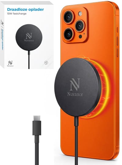 Nuvance Draadloze Oplader 15W - Draadloos Oplader - Geschikt voor MagSafe - USB C - Snellader - Wireless Charger - Zwart