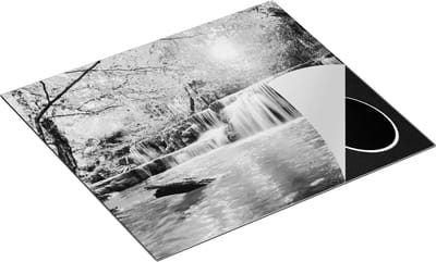 Chefcare Inductie Beschermer Waterval met Groen Water en Roze Bladeren - Zwart Wit - 60x50 cm - Afdekplaat Inductie - Kookplaat Beschermer - Inductie Mat