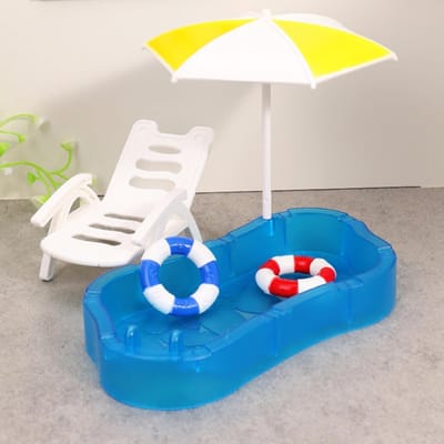 Miniatuur Strandset voor Tuin, Decoratie met Parasol, Strandstoel en Zwemringen voor een Zomerse Sfeer in de Miniatuurtuin