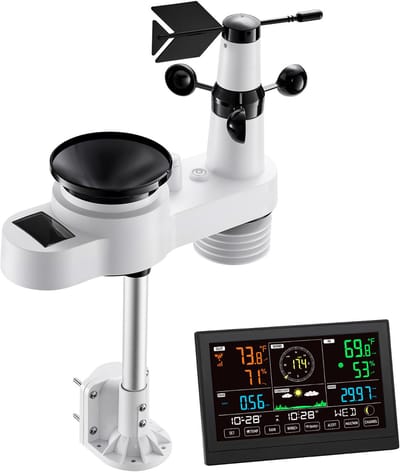 5-in-1 WiFi-Weerstation met 7,5-inch VA-Display, Zonne-Energie Aangedreven Buitensensor, Weercentrum voor Voorspellingen, Inclusief Windsnelheid, Windrichting, Temperatuur, Luchtvochtigheid en Neerslag