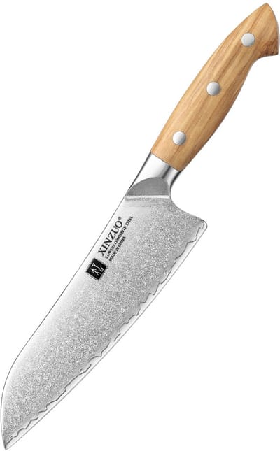 XinZuo X02O Pin Series Santokumes 18,5 cm – Professioneel Keukenmes – Olijfhouten Handvat – 3-Laags Composietstaal met Stonewash Afwerking