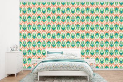 Behang - Fotobehang Retro - Bloemen - Design - Groen - Oranje - Breedte 345 cm x hoogte 220 cm