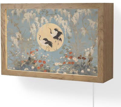 Wandlamp 30x20 cm - Oplaadbaar - Kraanvogels - Maan - Bloemen - Blauw - Wandlampen binnen woonkamer - Slaapkamer lamp met kabel - Decoratieve nachtlamp - Vloerlamp snoer